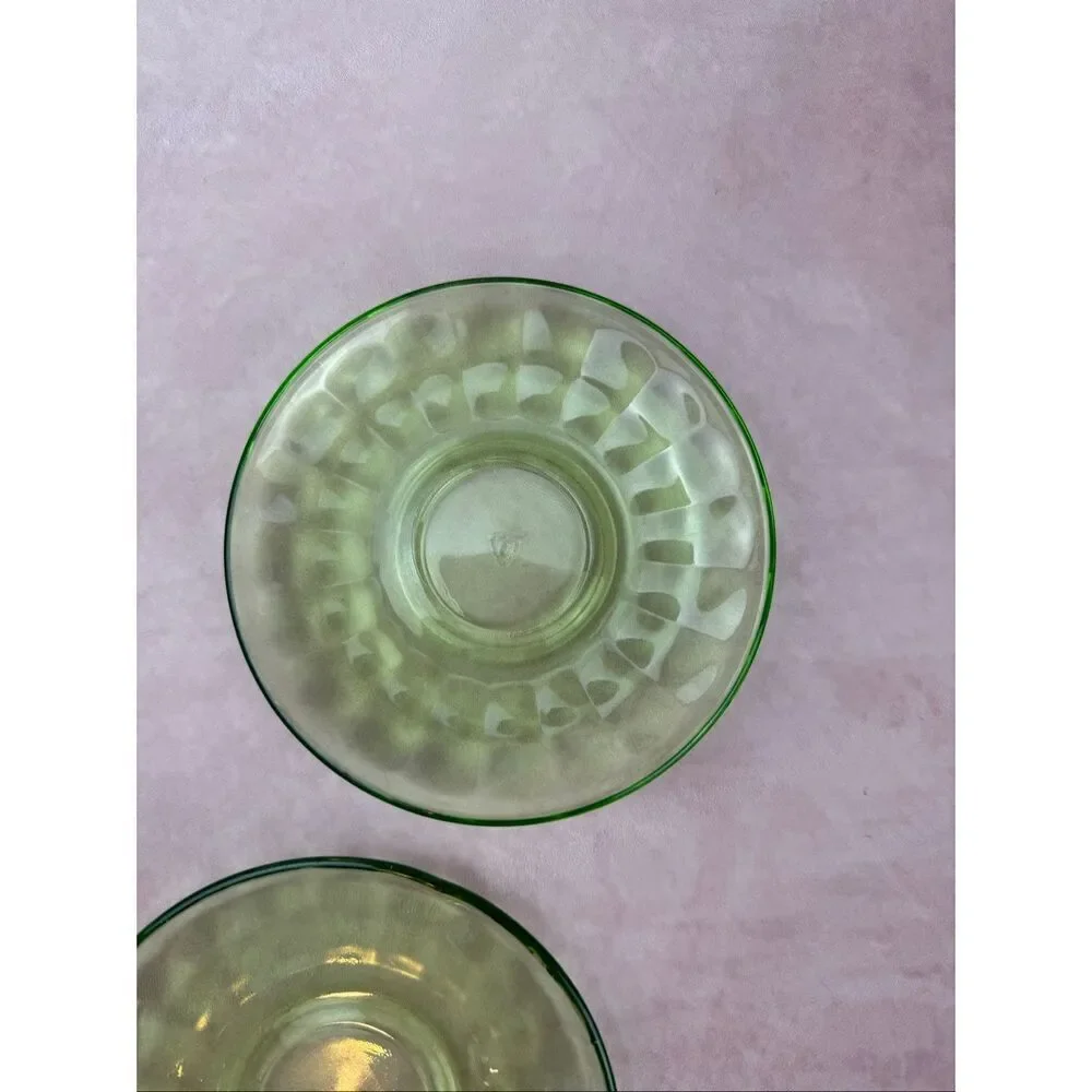 Vintage Federal Green Depression Uranium Glass Saucers Plates 5.5 Inch Set of 2